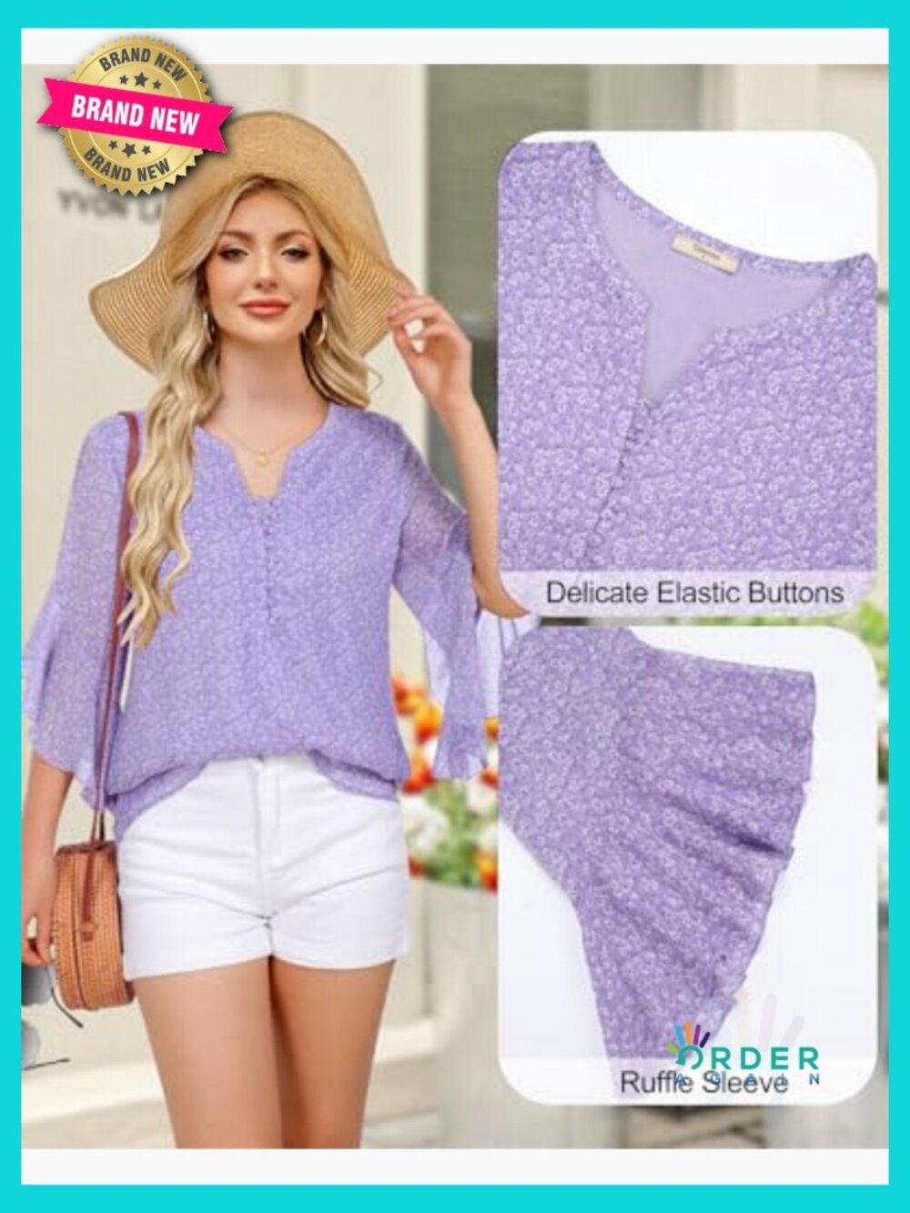 Floral V-Neck Button Down Blouse 3/4 Ruffle Sleeve Chic Casual Elegant Top - Picture 5 of 7